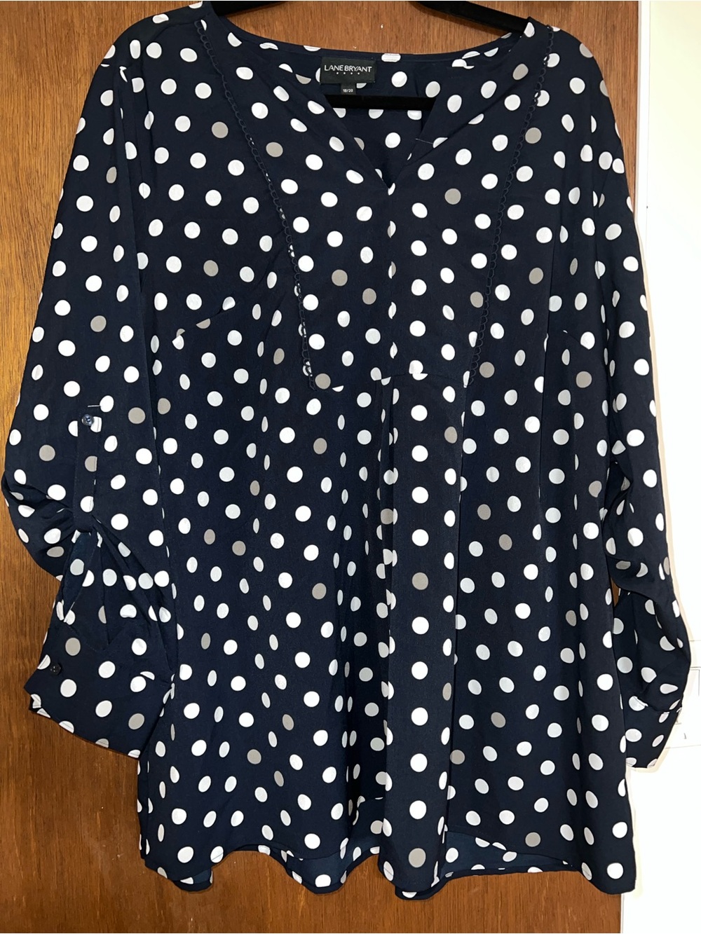 Lane Bryant Navy and White Polka Dot V-Neck Blouse